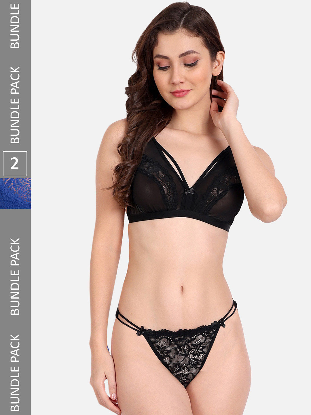 FIMS Pack Of 2 Self-Design Lace  Non Padded Lingerie Set C_KarrySet_Black_StoneSet_Blue_B
