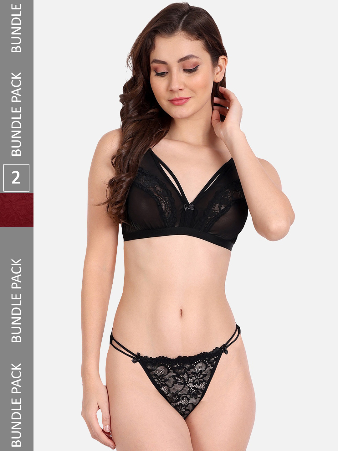 FIMS Pack Of 2 Self-Design  Non Padded Lingerie Set C_KarrySet_Black_BlumerSet_Maroon_B