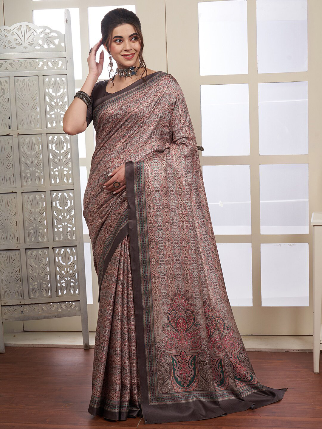 Saree mall Brown & Sea Green Ethnic Motifs Printed Silk Sarees
