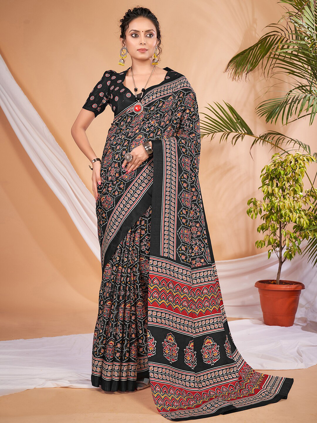 Saree mall Black & Red Ethnic Motifs Ajrak Printed Sarees