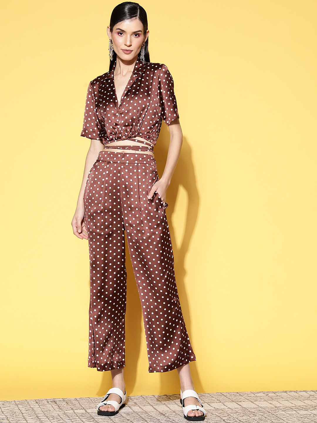 ANVI Be Yourself Brown Polka Dot Printed Satin Top & Palazzo