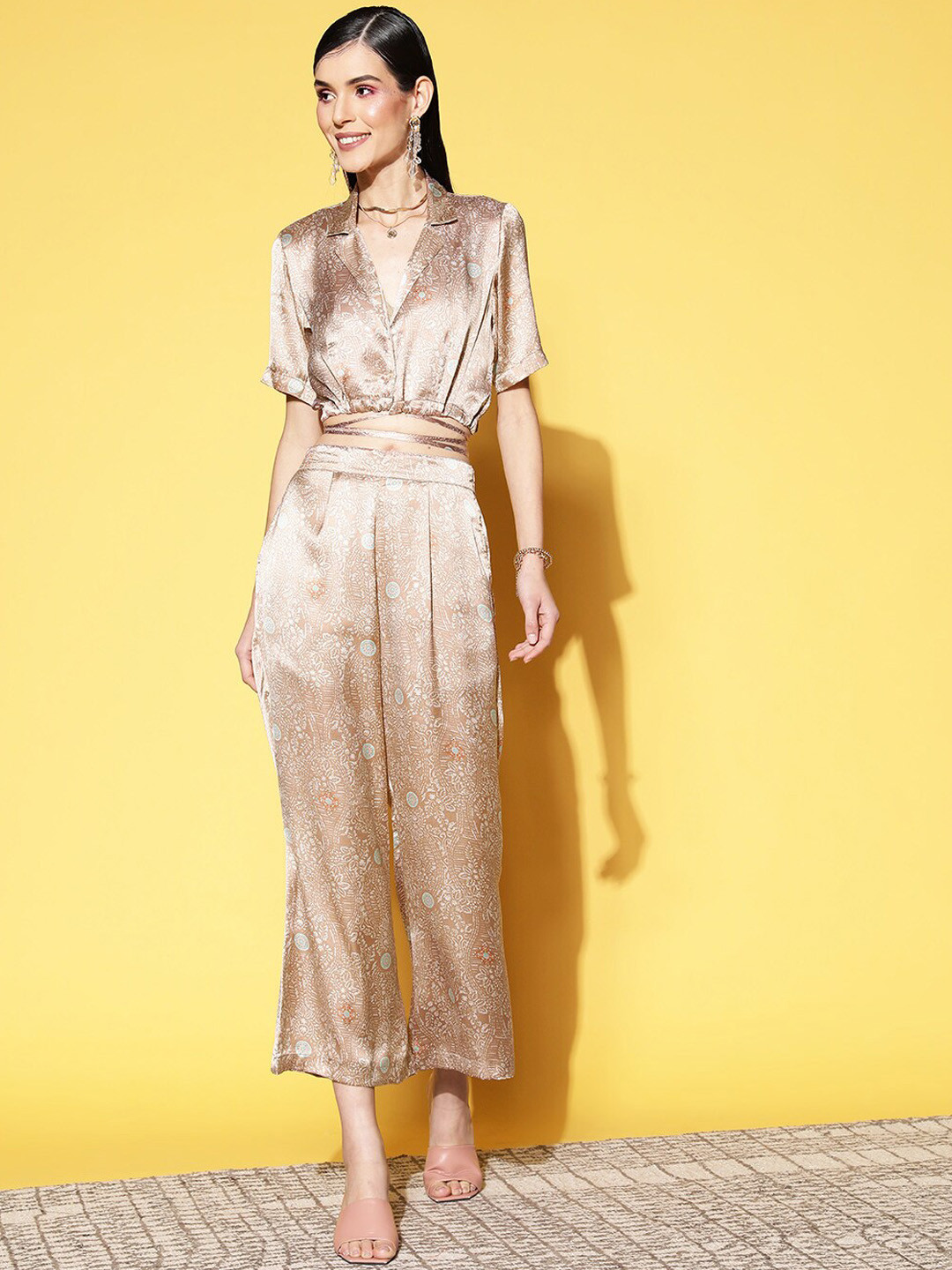 ANVI Be Yourself Women Beige Printed Tie Around Satin Top With Palazzo Co-Ords