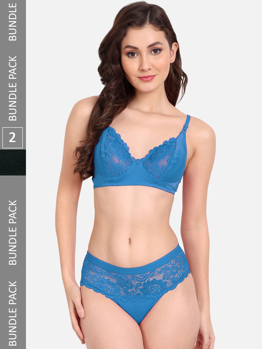 FIMS Pack Of 2 Self-Design Non Padded Lingerie Set C_KatSet_Blue_BlumerSet_Black_B