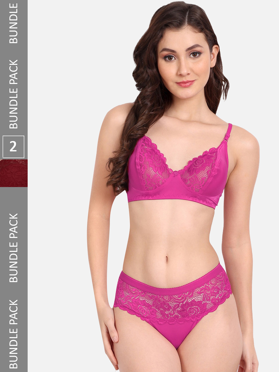 FIMS Pack Of 2 Self Design Lace Lingerie Set- C_KatSet_Pink_BlumerSet_Maroon_B
