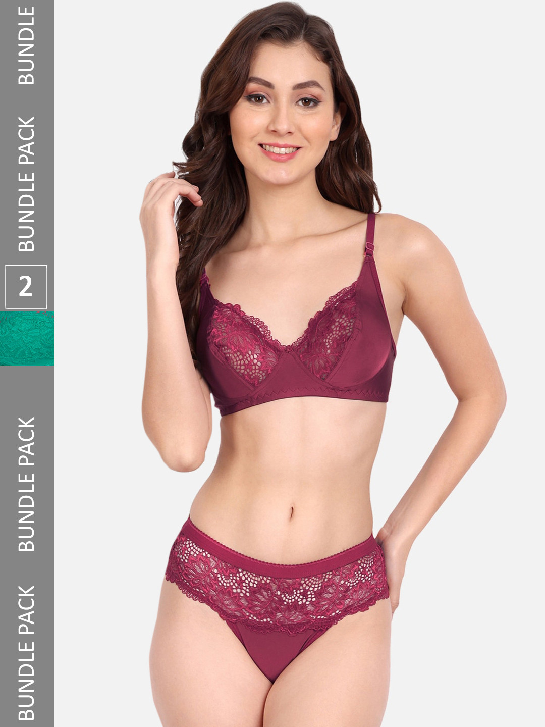 FIMS Pack Of 2 Self-Design Net Lingerie Set C_KatSet_Maroon_BlumerSet_Green_B
