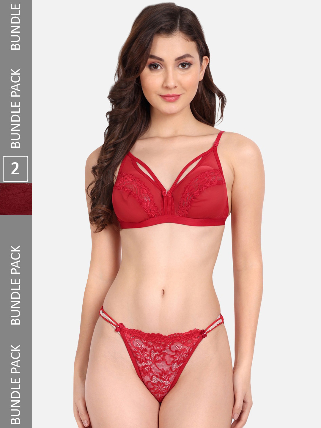FIMS Pack Of 2 Self-Design Non Padded Lingerie Set C_KarrySet_Red_BlumerSet_Maroon_B