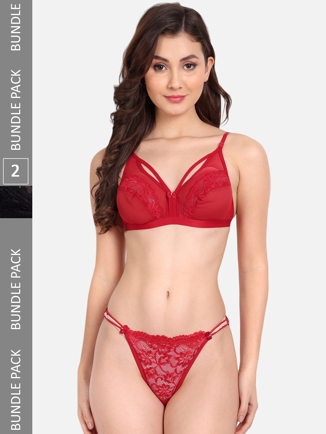 FIMS Pack Of 2 Self-Design Non Padded Lingerie Set C_KarrySet_Red_StoneSet_Black_B