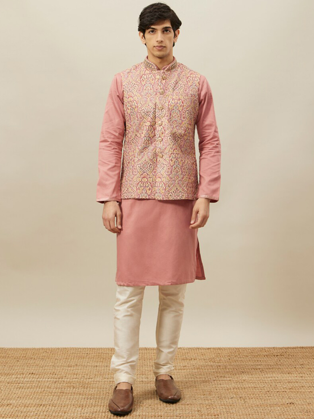 Diwas by Manyavar Men Coral Printed Regular Kurta with Pyjamas & Nehru Jacket