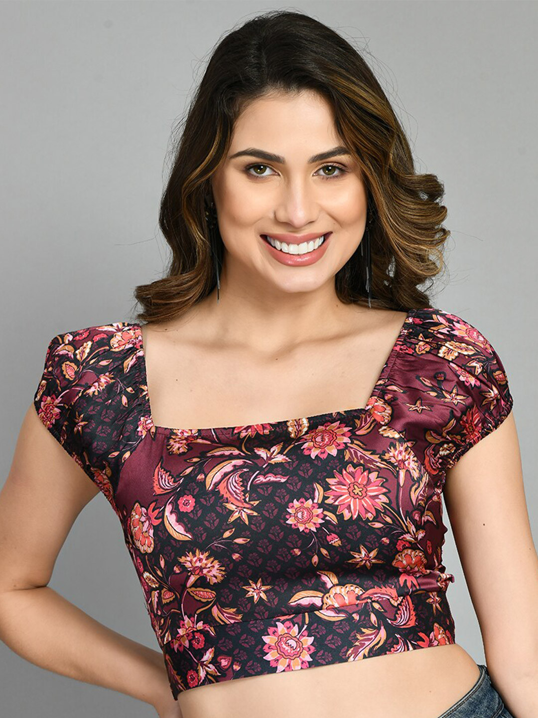 Fuchsia Floral Printed Puff Sleeves Styled Back Crop Top