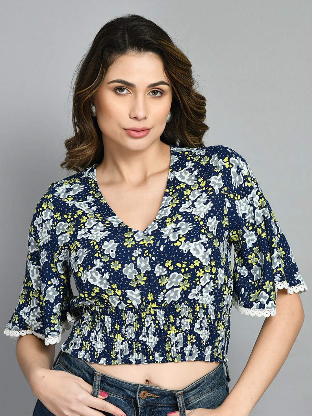 Fuchsia  Floral Print Flared Sleeve Blouson Crop Top