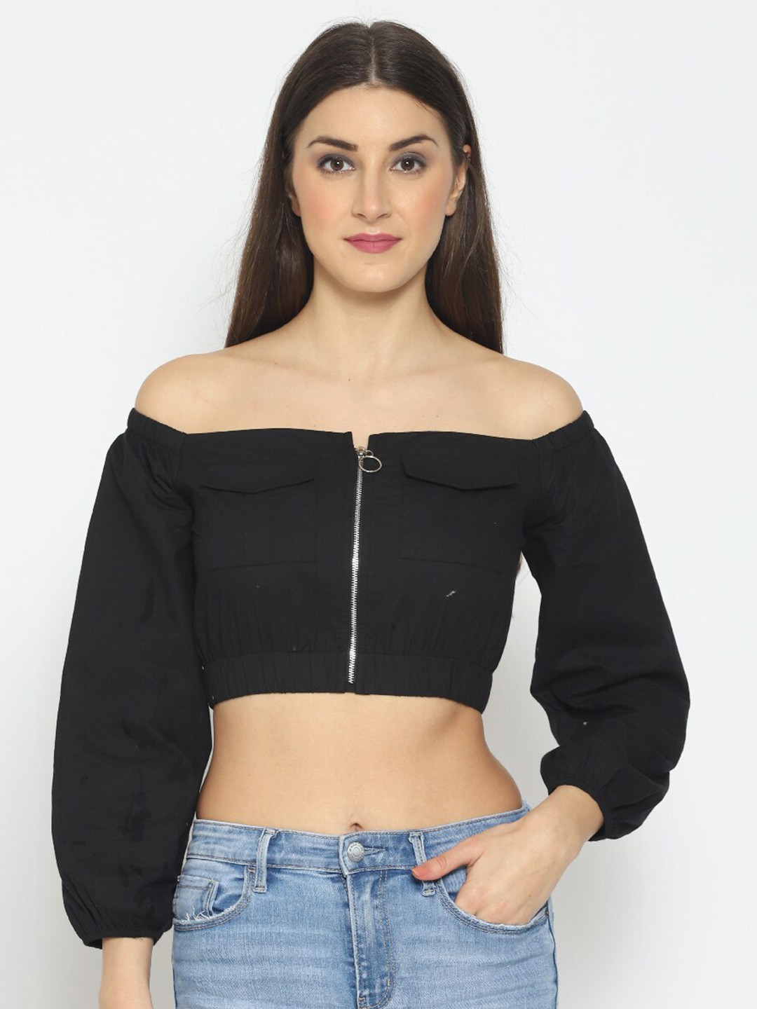 Fuchsia Solid Off-Shoulder Puff Sleeve Cotton Bardot Crop Top