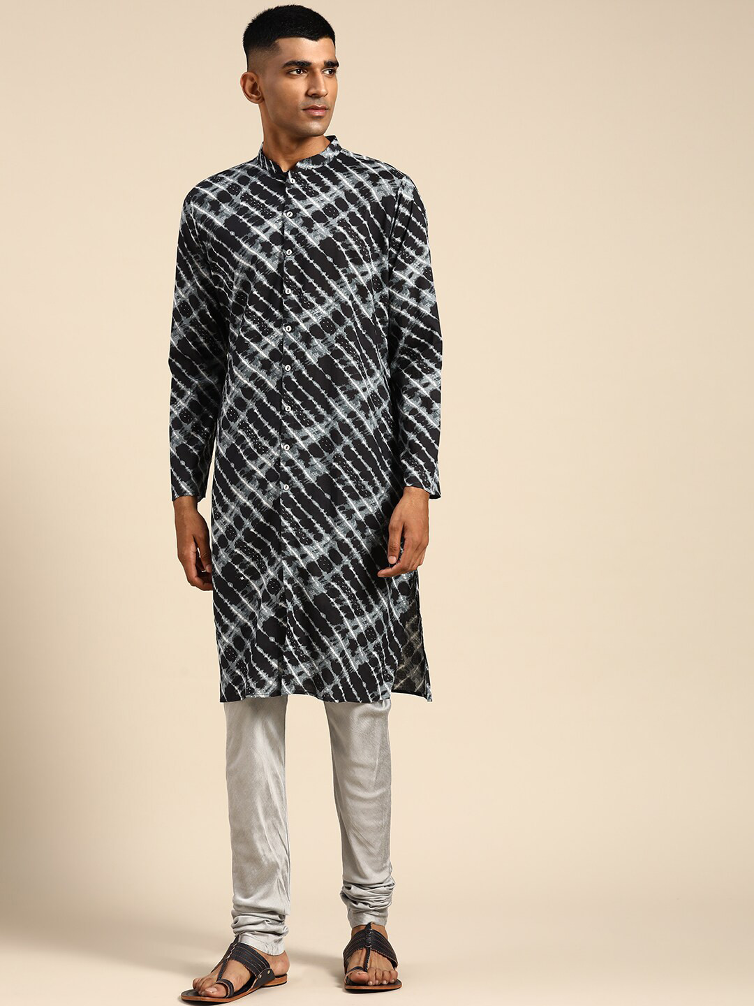KISAH Mandarin Collar Lehriya Print Straight Kurta with Churidar Set