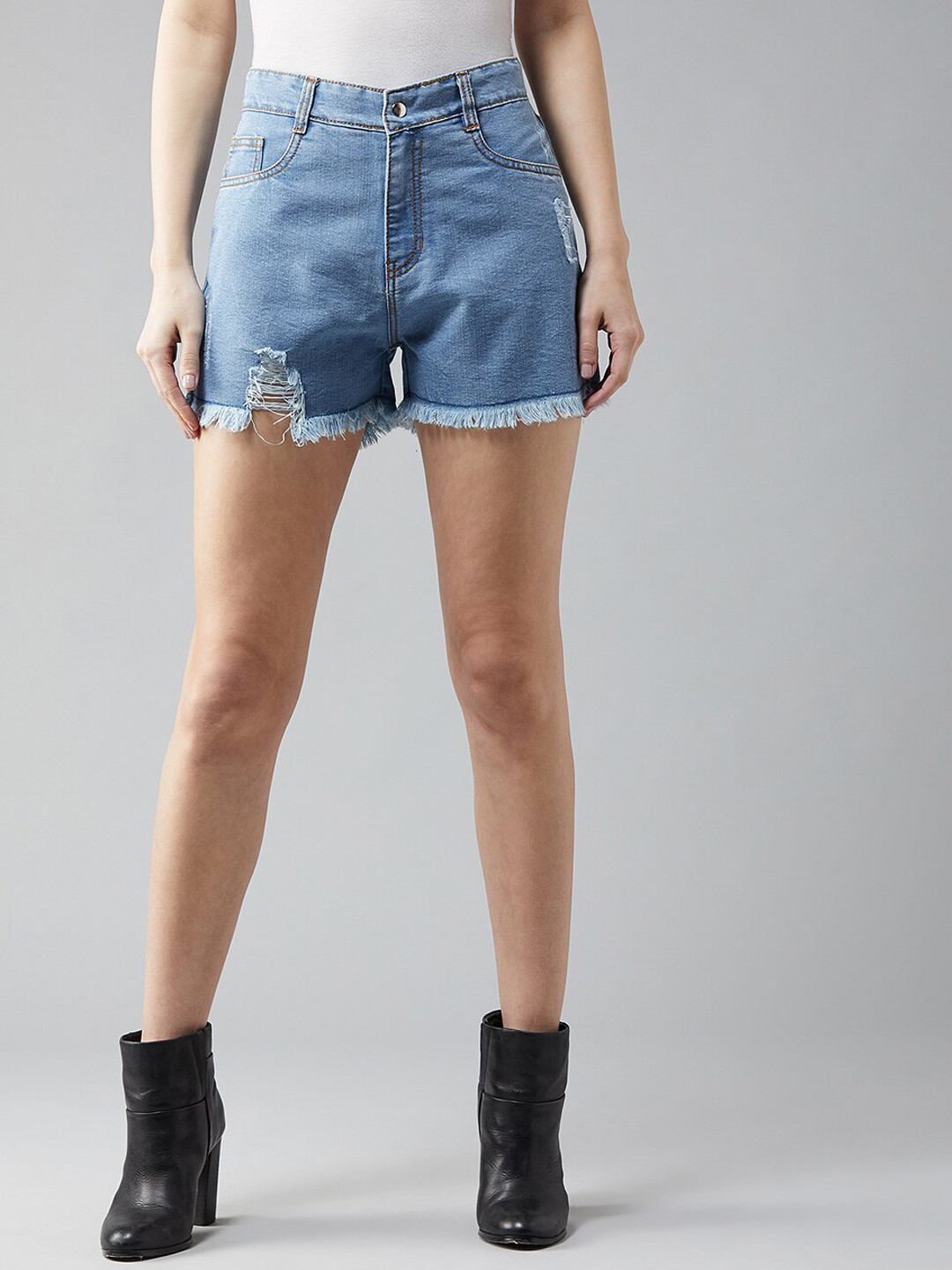 DOLCE CRUDO Women Relaxed Fit Highly Distressed Mid Rise Ripped Denim Shorts