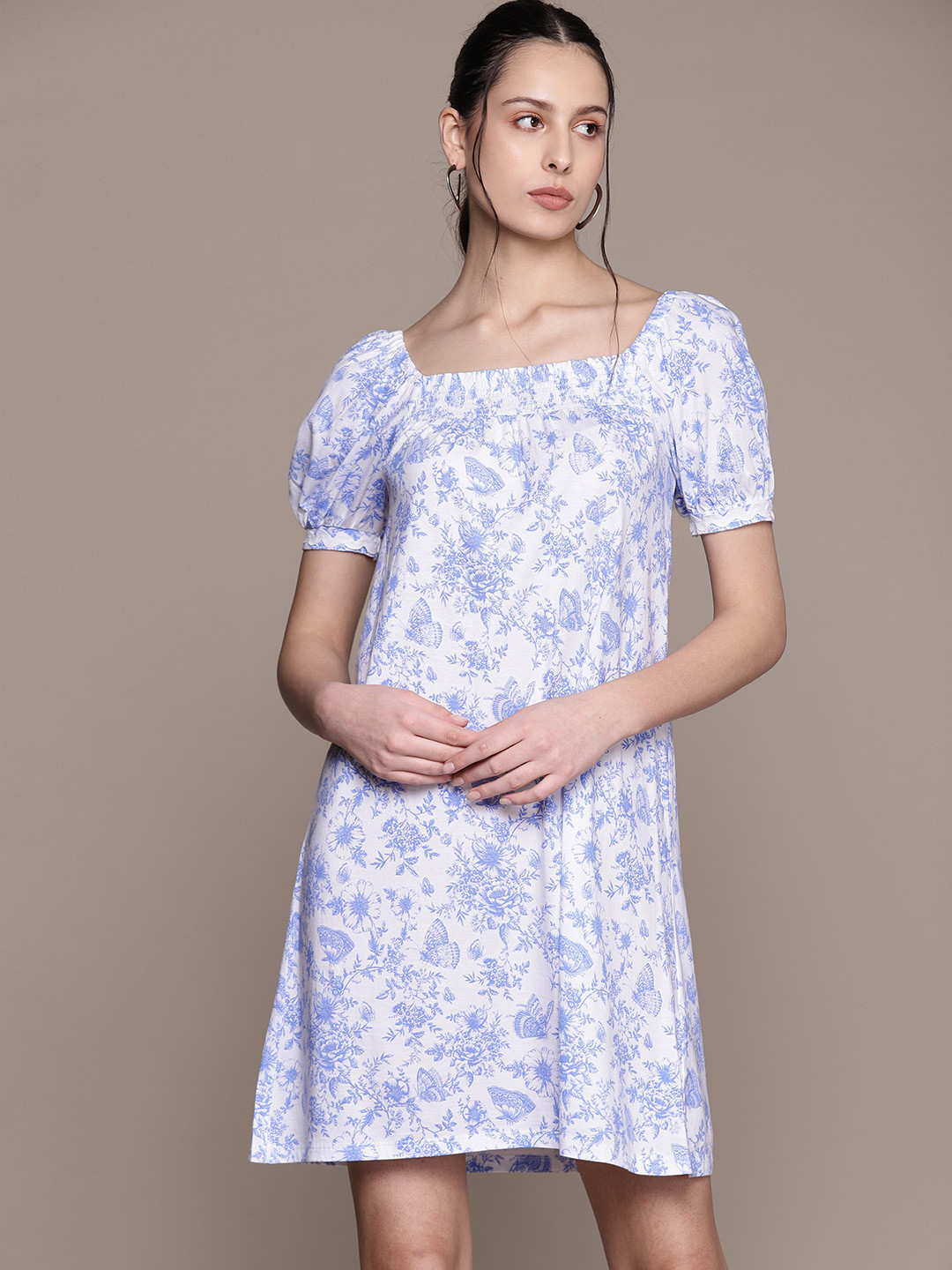 Macy's Style & Co Women Floral Print Puff Sleeve A-Line Dress