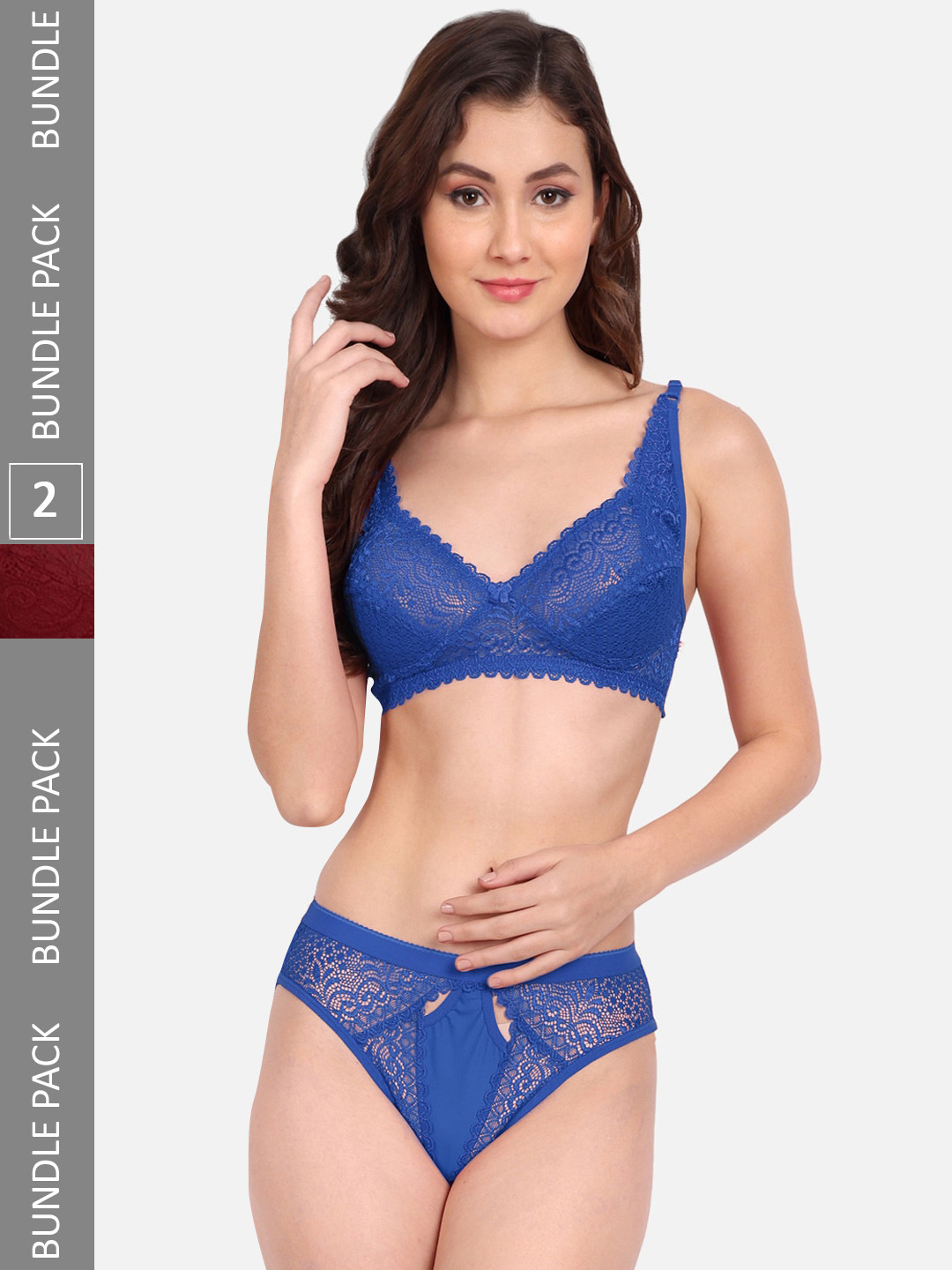 FIMS Pack Of 2 Self-Design Lace Lingerie Set C_StoneSet_Blue_BlumerSet_Maroon_B