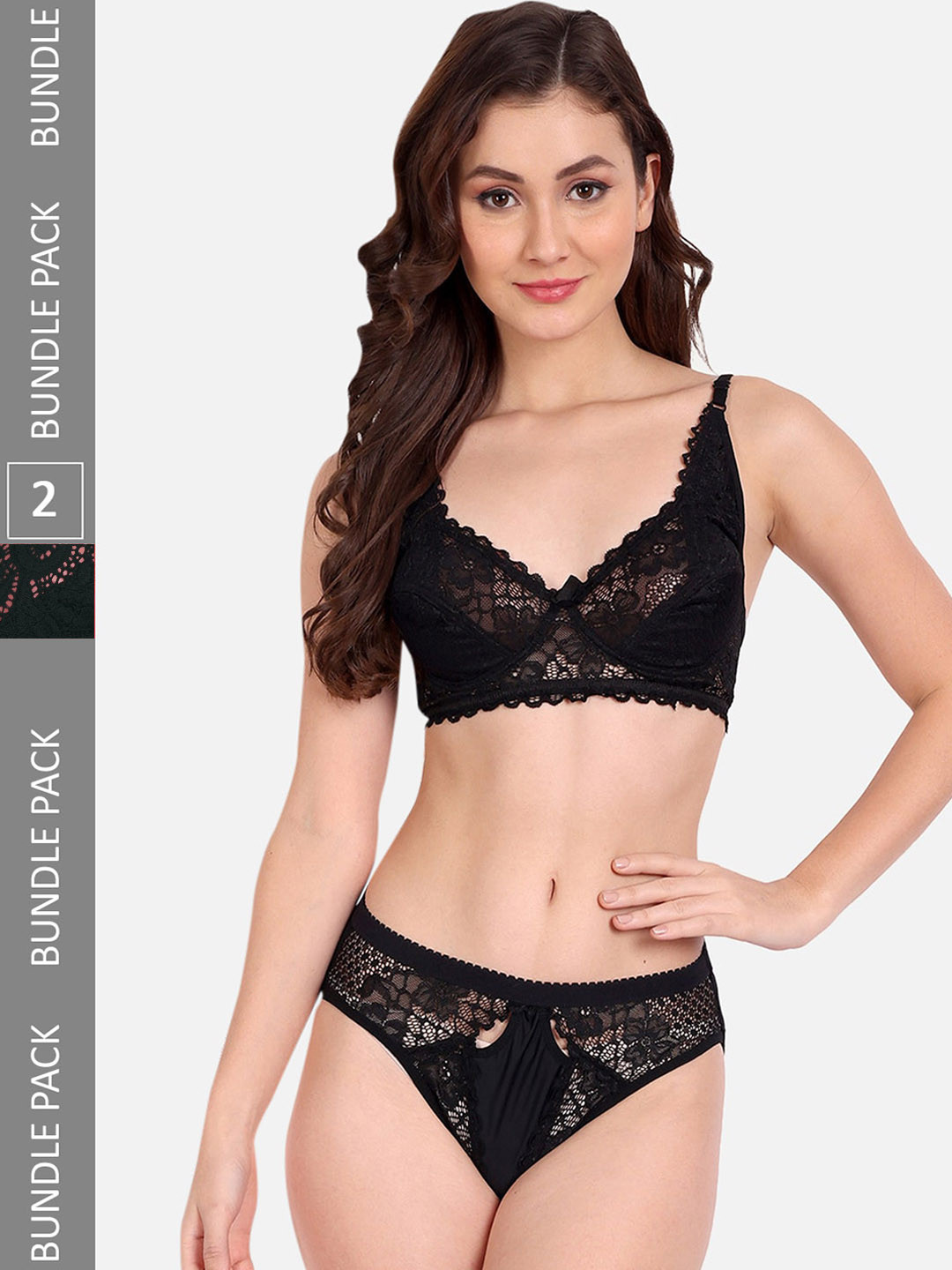 FIMS Pack Of 2 Self-Design Net Lingerie Set C_StoneSet_Black_BlumerSet_Black_B