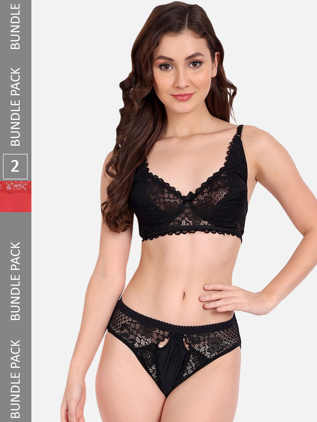 FIMS Pack Of 2 Self-Design Laced Lingerie Set C_StoneSet_Black_KatSet_Red_B