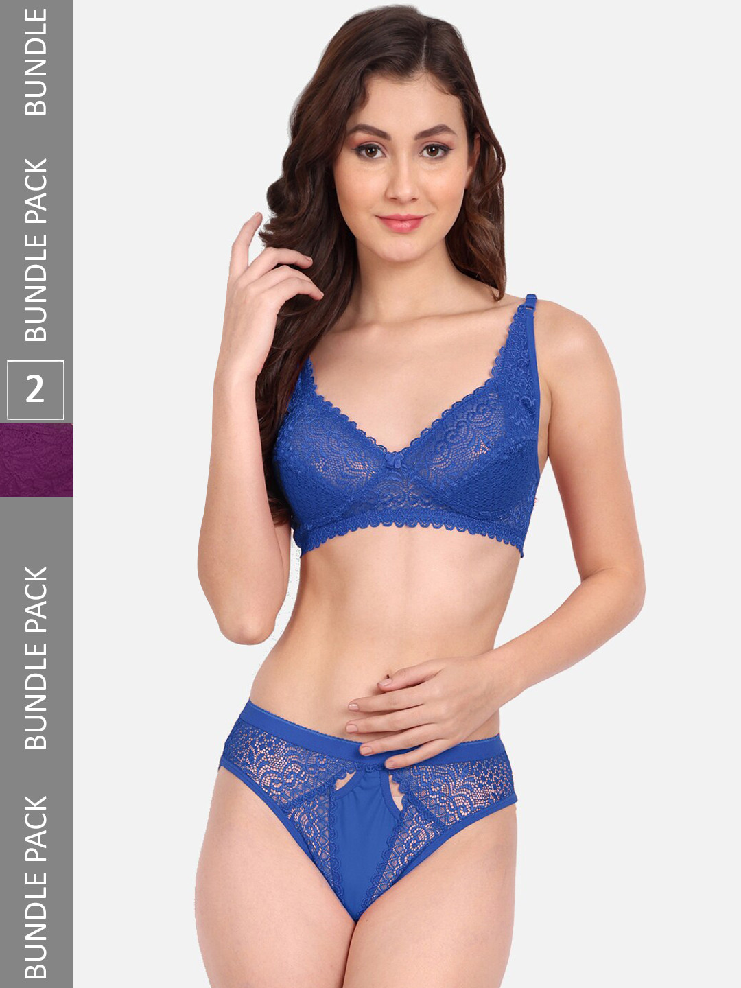 FIMS Pack Of 2 Self-Design Lace Lingerie Set C_StoneSet_Blue_BlumerSet_Purple_B