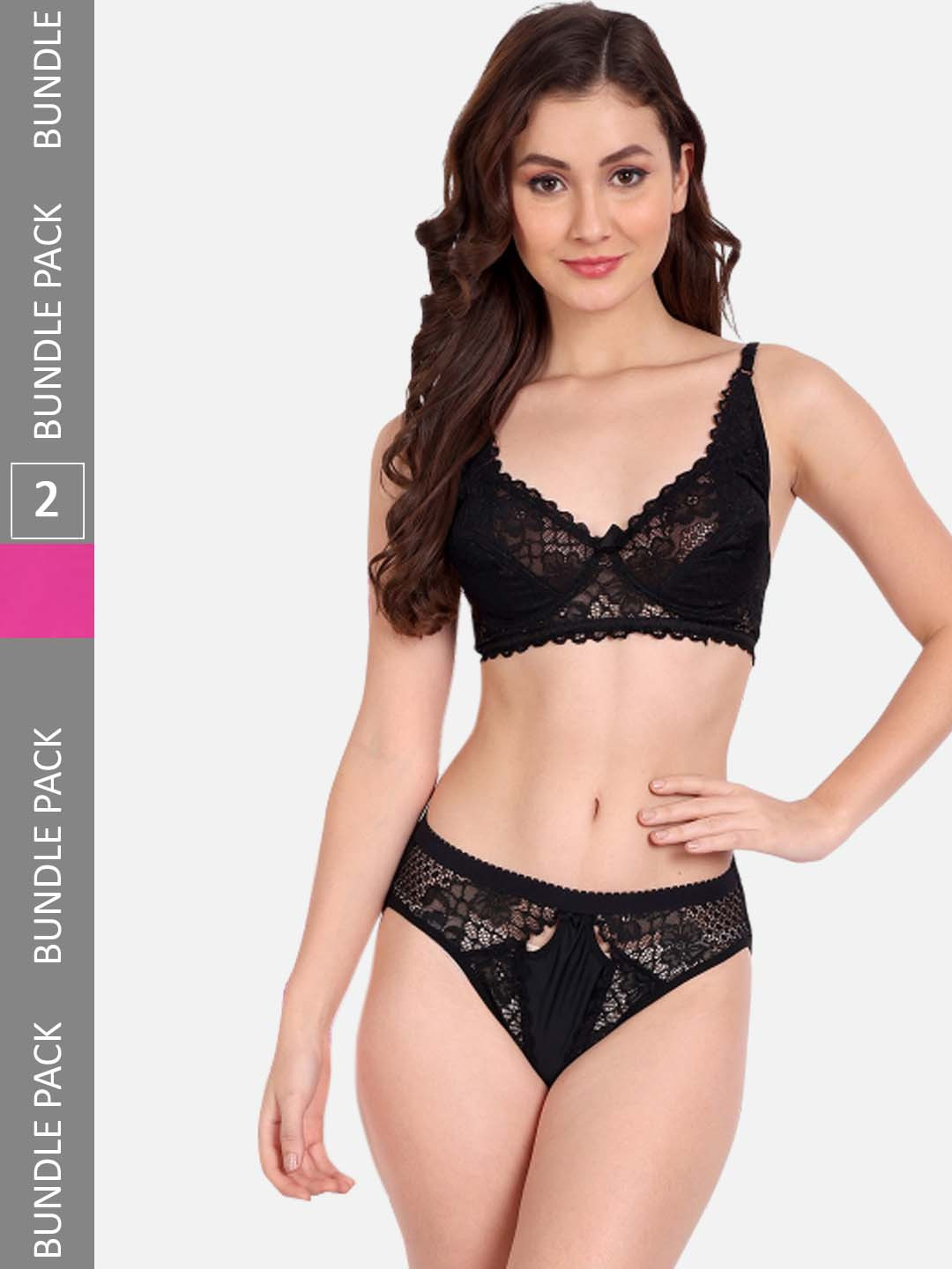 FIMS Pack Of 2 Self-Design Lingerie Set C_StoneSet_Black_KatSet_Pink_B