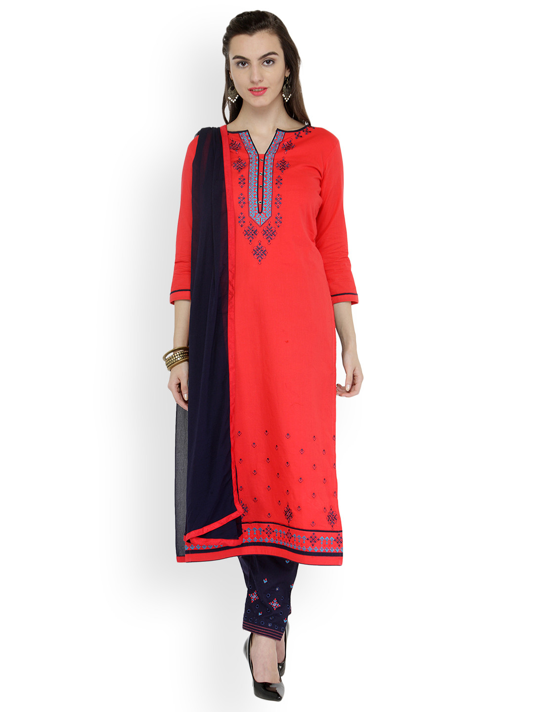 Kvsfab Coral & Navy Blue Cotton Blend Unstitched Dress Material