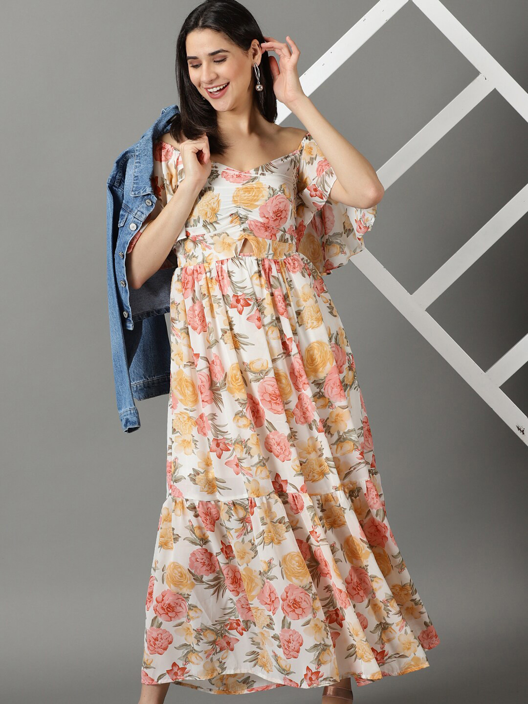 SHOWOFF Off Shoulder Floral Printed Smocked Tiered Chiffon Maxi Dress