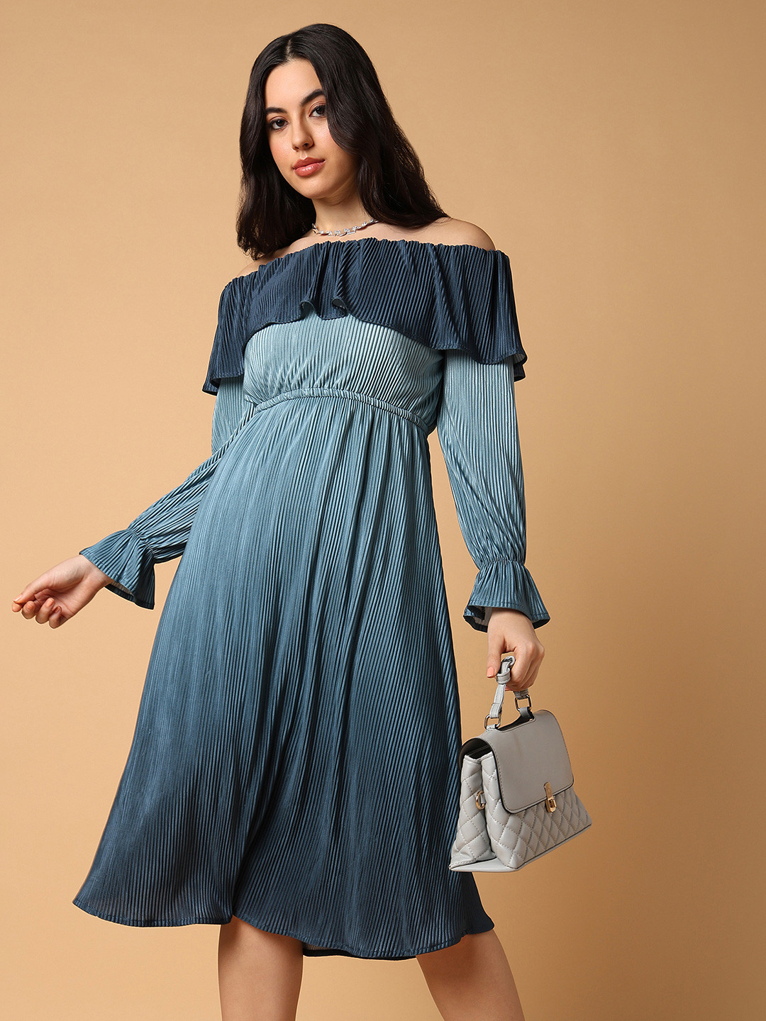 SHOWOFF Off-Shoulder Accordion Pleats Satin Fit & Flare Midi Dress
