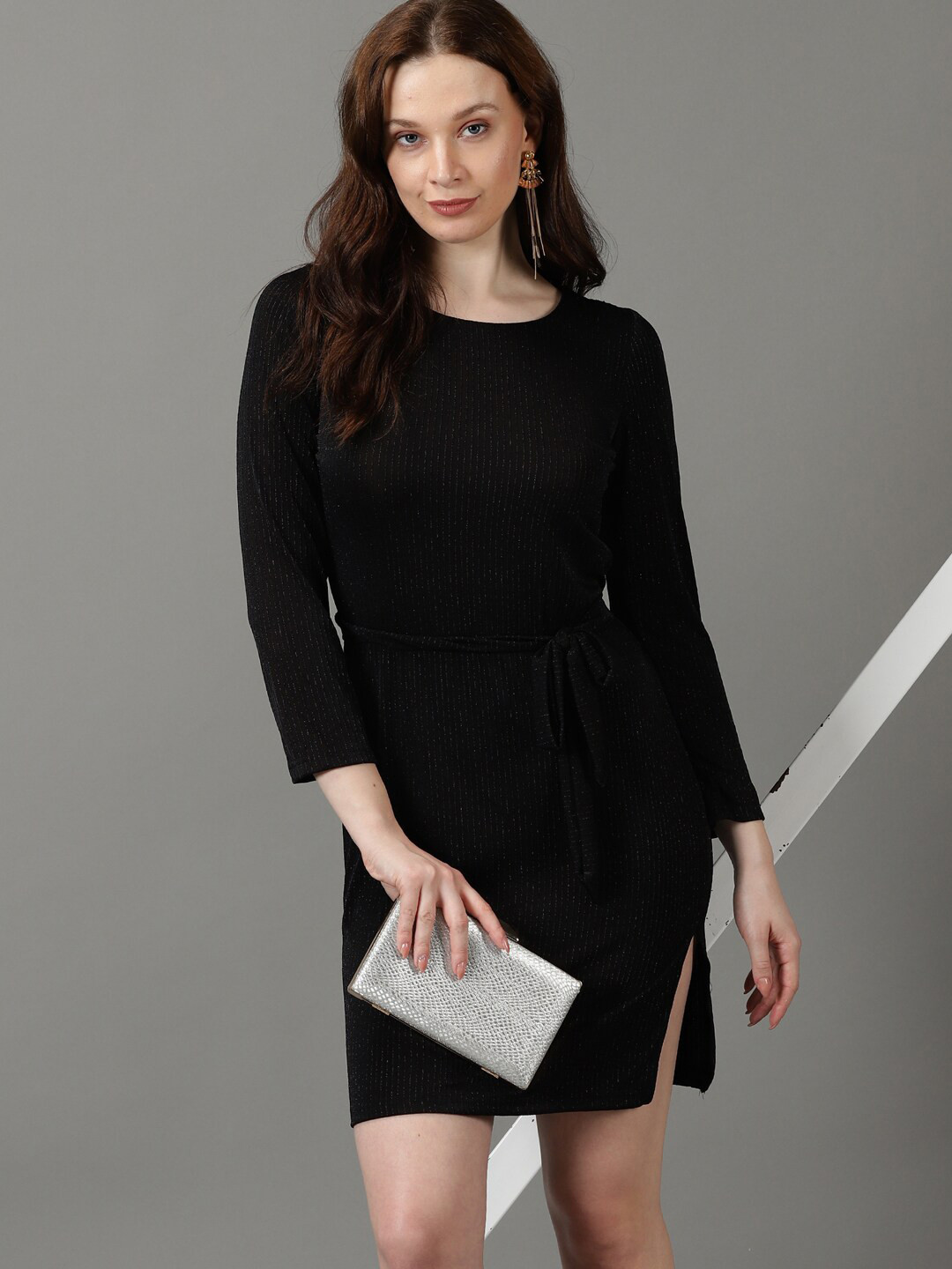 SHOWOFF Striped Sparkly Round Neck Sheath Dress