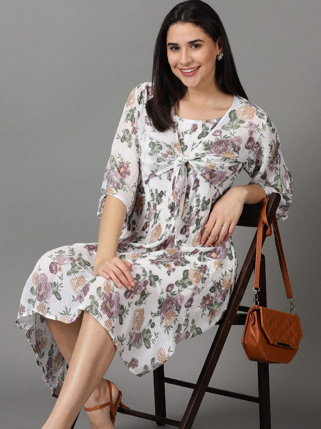 SHOWOFF Shoulder Straps Floral Printed Accordion Pleats With jacket