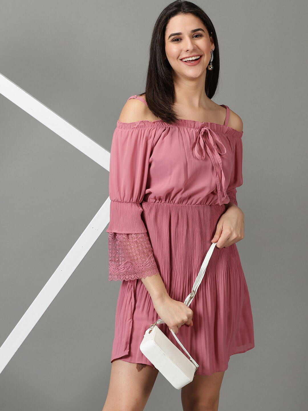 SHOWOFF Shoulder Strap Accordion Pleats Gathered Fit & Flare Dress