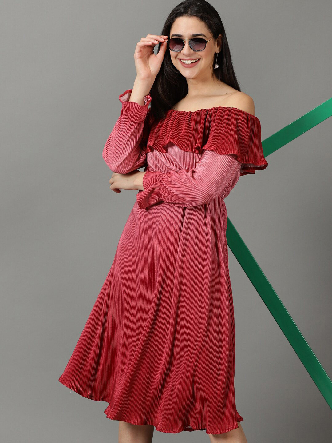 SHOWOFFFF Off Shoulder Accordion Pleats Ruffled Satin Fit & Flare Dress