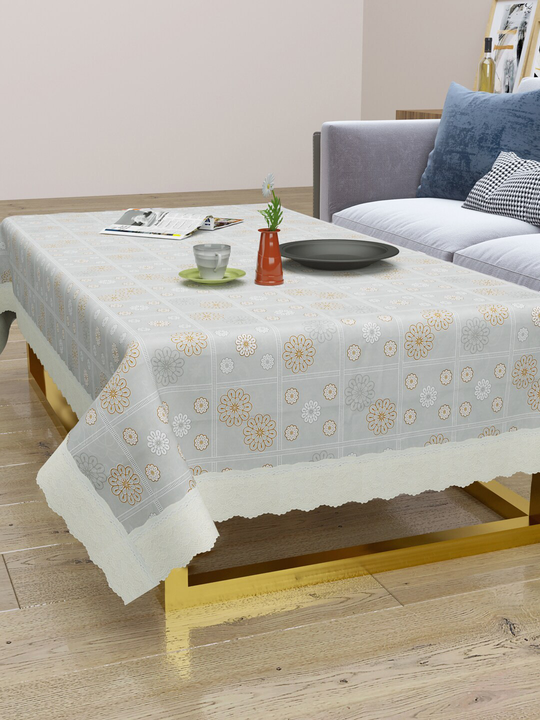 Clasiko Grey & Off-White Floral Printed 2-Seater Rectangular Anti-Slip Table Cover