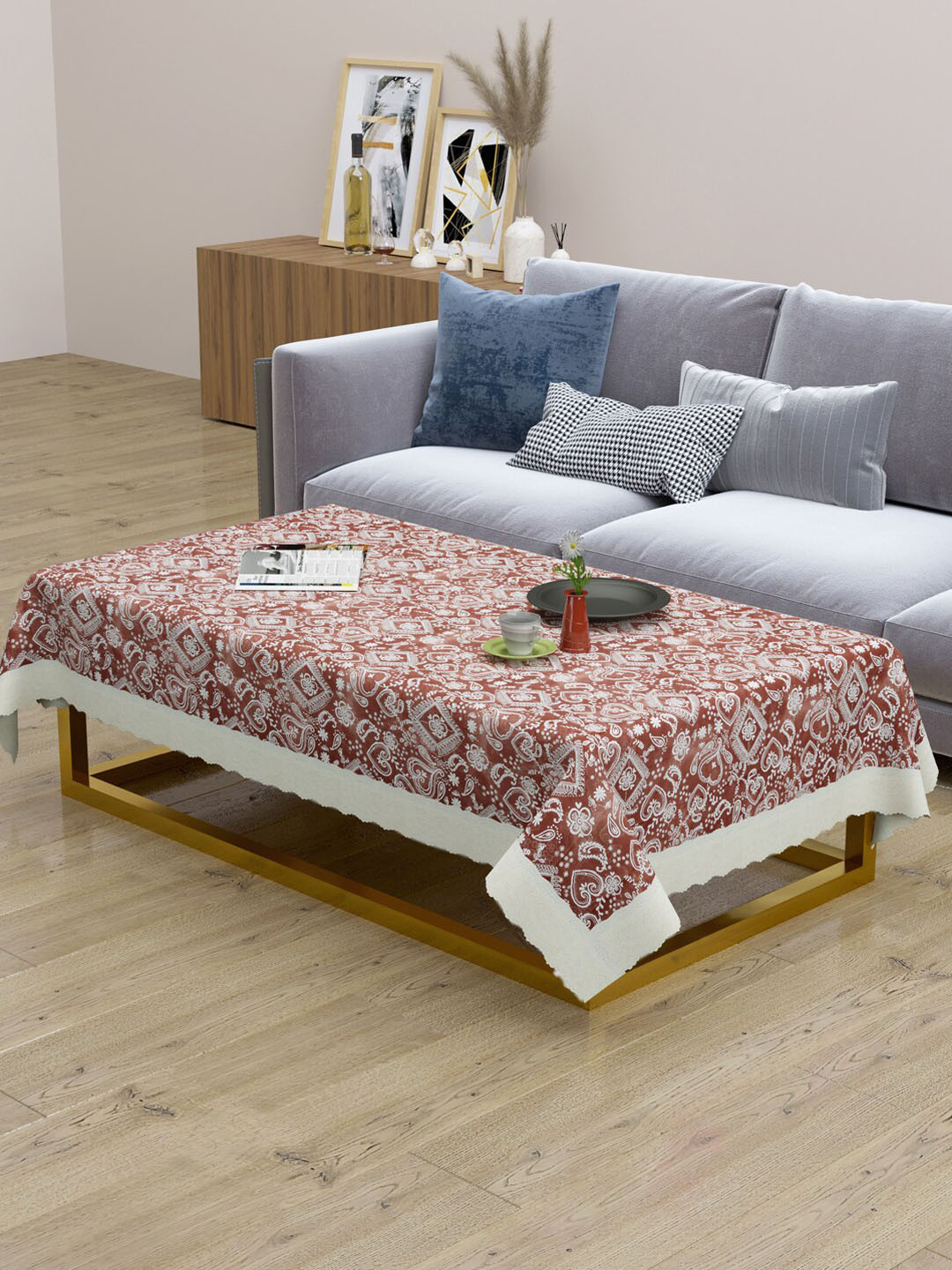 Clasiko Brown & White Ethnic Motif Printed 2-Seater Anti-Slip Table Cover