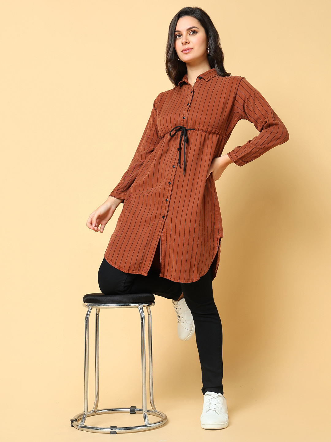 SHOWOFF Striped Cotton Shirt Style Tunics