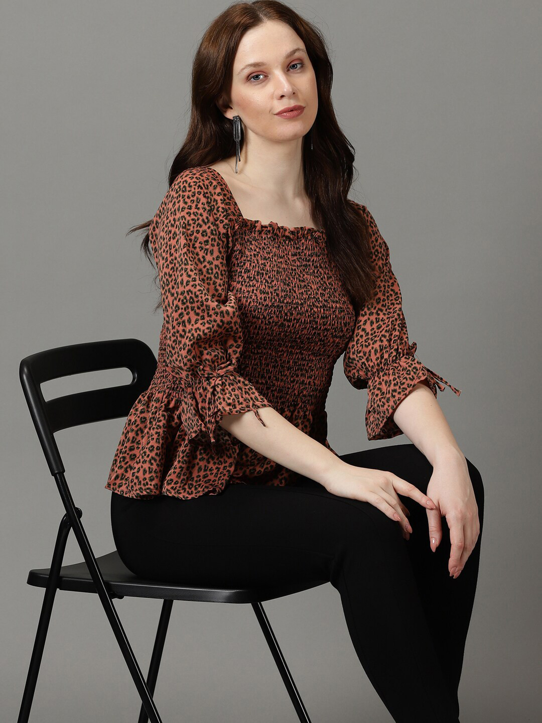 SHOWOFF Animal Printed Smocking Peplum Top