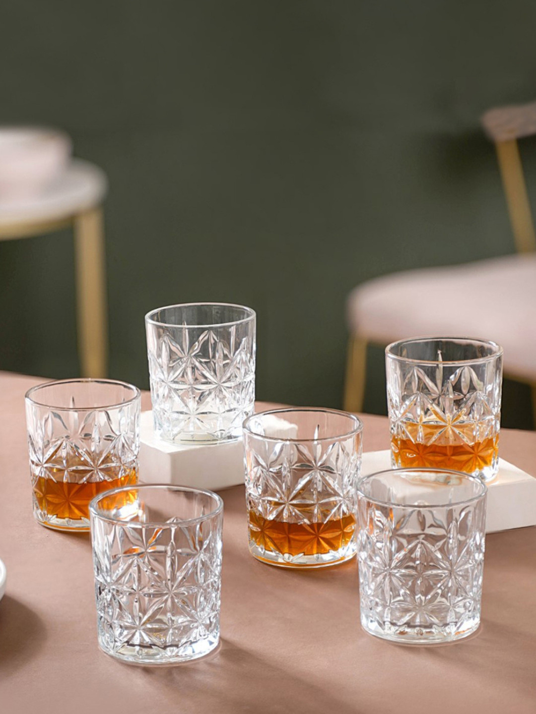 Nestasia 6-Pcs Transparent Diamond-Cut Textured Whisky Glasses - 300 ml Each