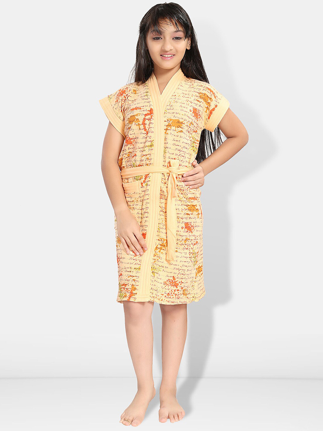 Be You Letter Print Peach Typography Cotton Drawstring Knee Length Bath Robe