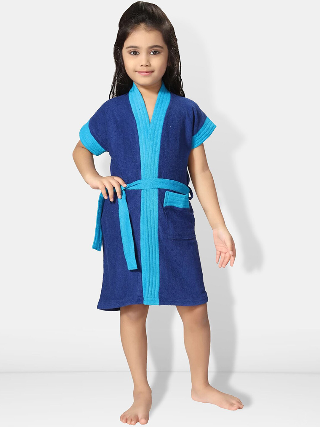 Be You Two-Tone Blue Solid Cotton Drawstring Knee Length Bath Robe