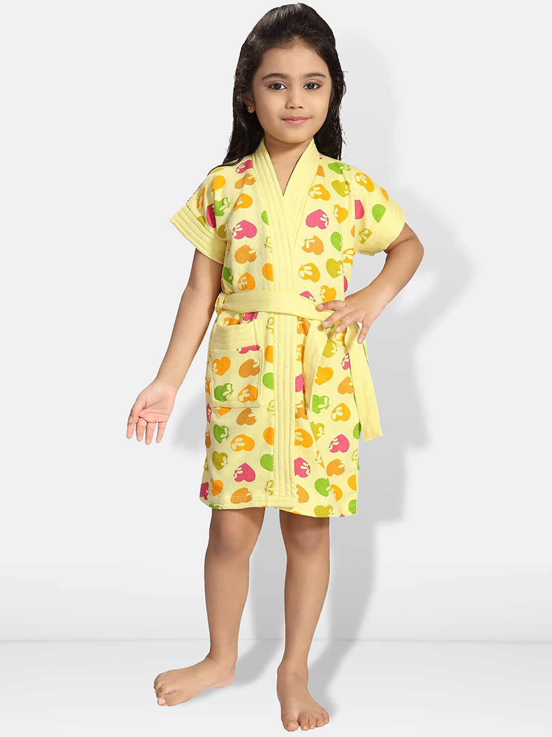 Be You Hearts Yellow Conversational Cotton Drawstring Knee Length Bath Robe