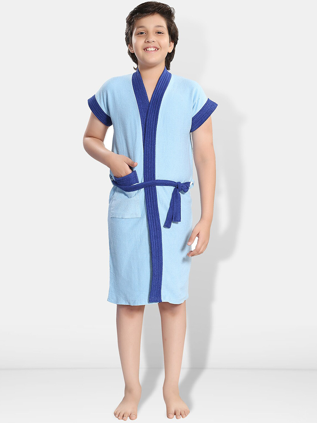 Be You Two-Tone Blue Solid Cotton Drawstring Knee Length Bath Robe