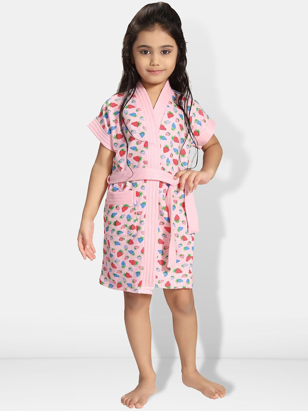 Be You Strawberry Print Pink Conversational Cotton Drawstring Knee Length Bath Robe