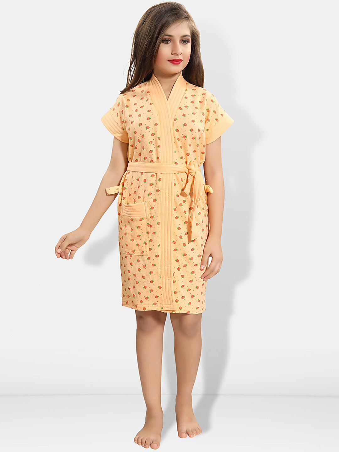 Be You Strawberry Print Peach Conversational Cotton Drawstring Knee Length Bath Robe