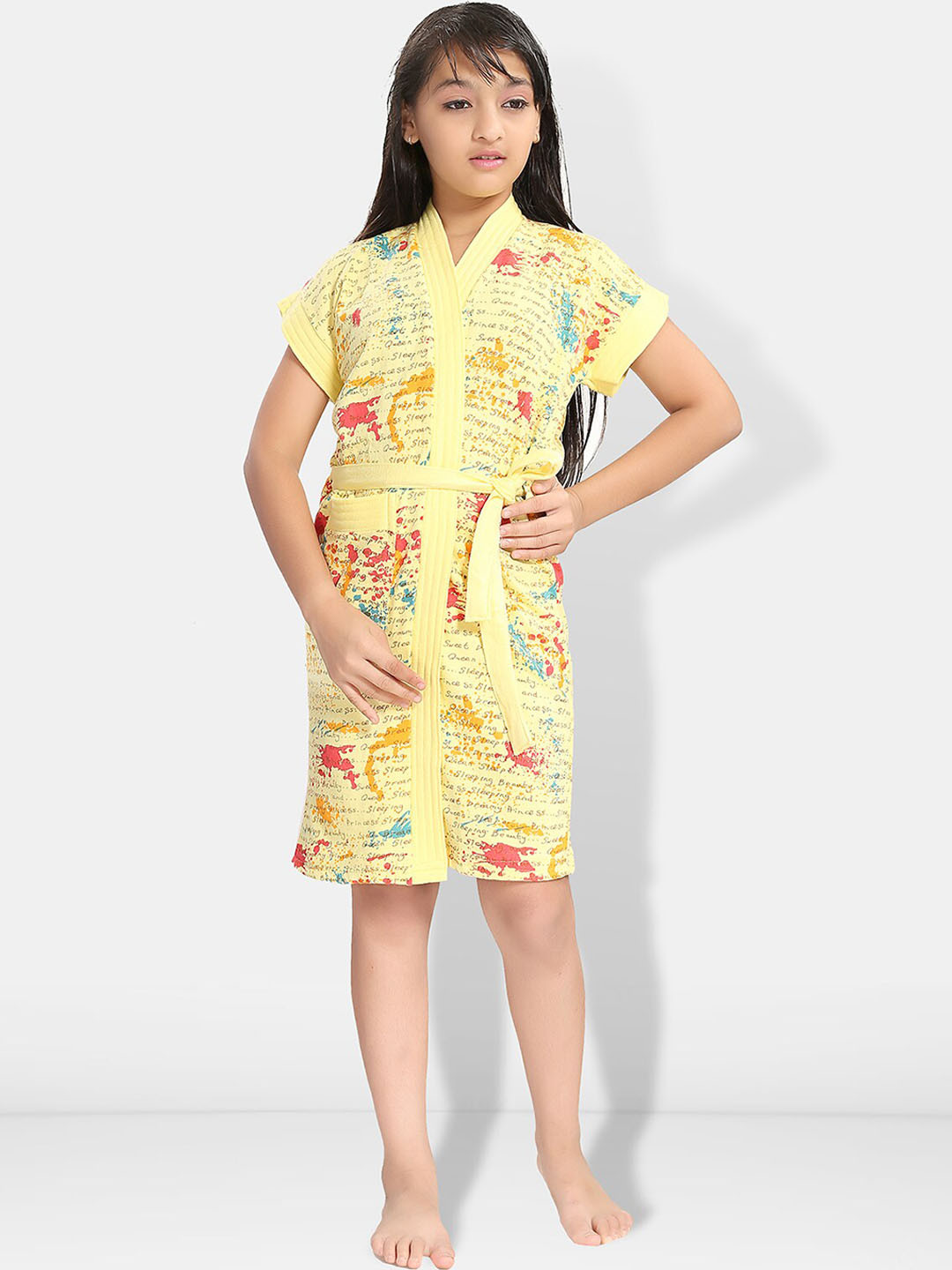 Be You Letter Print Yellow Typography Cotton Drawstring Knee Length Bath Robe