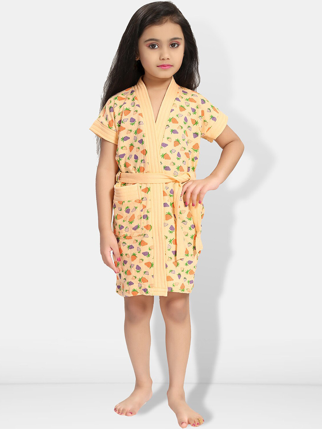 Be You Strawberry Print Cream Conversational Cotton Drawstring Knee Length Bath Robe