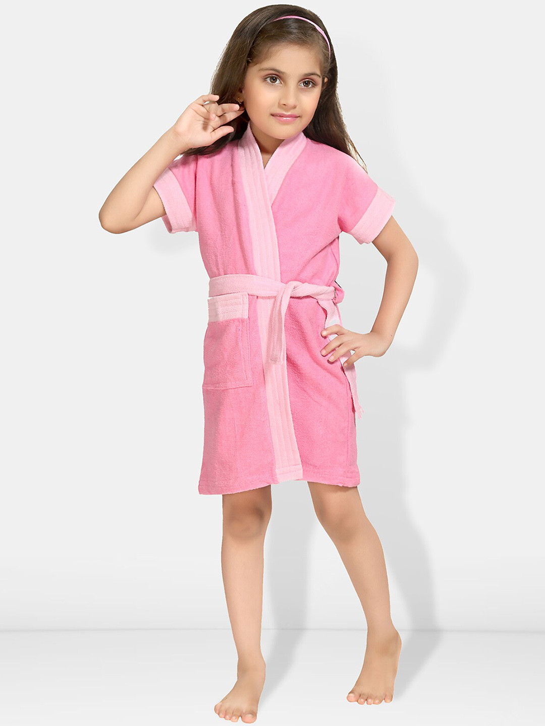 Be You Two-Tone Pink Solid Cotton Drawstring Knee Length Bath Robe