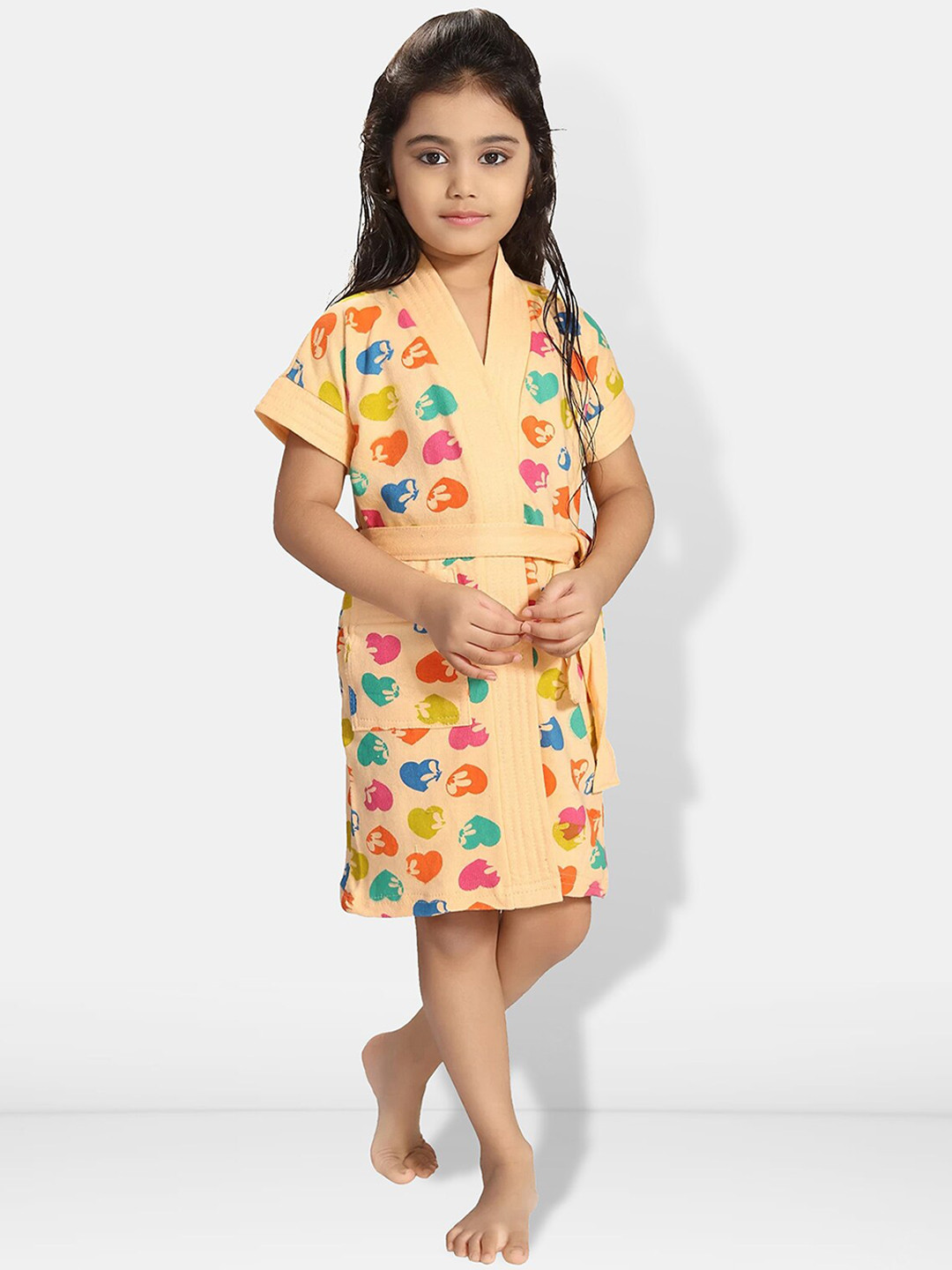 Be You Hearts Peach Conversational Cotton Drawstring Knee Length Bath Robe