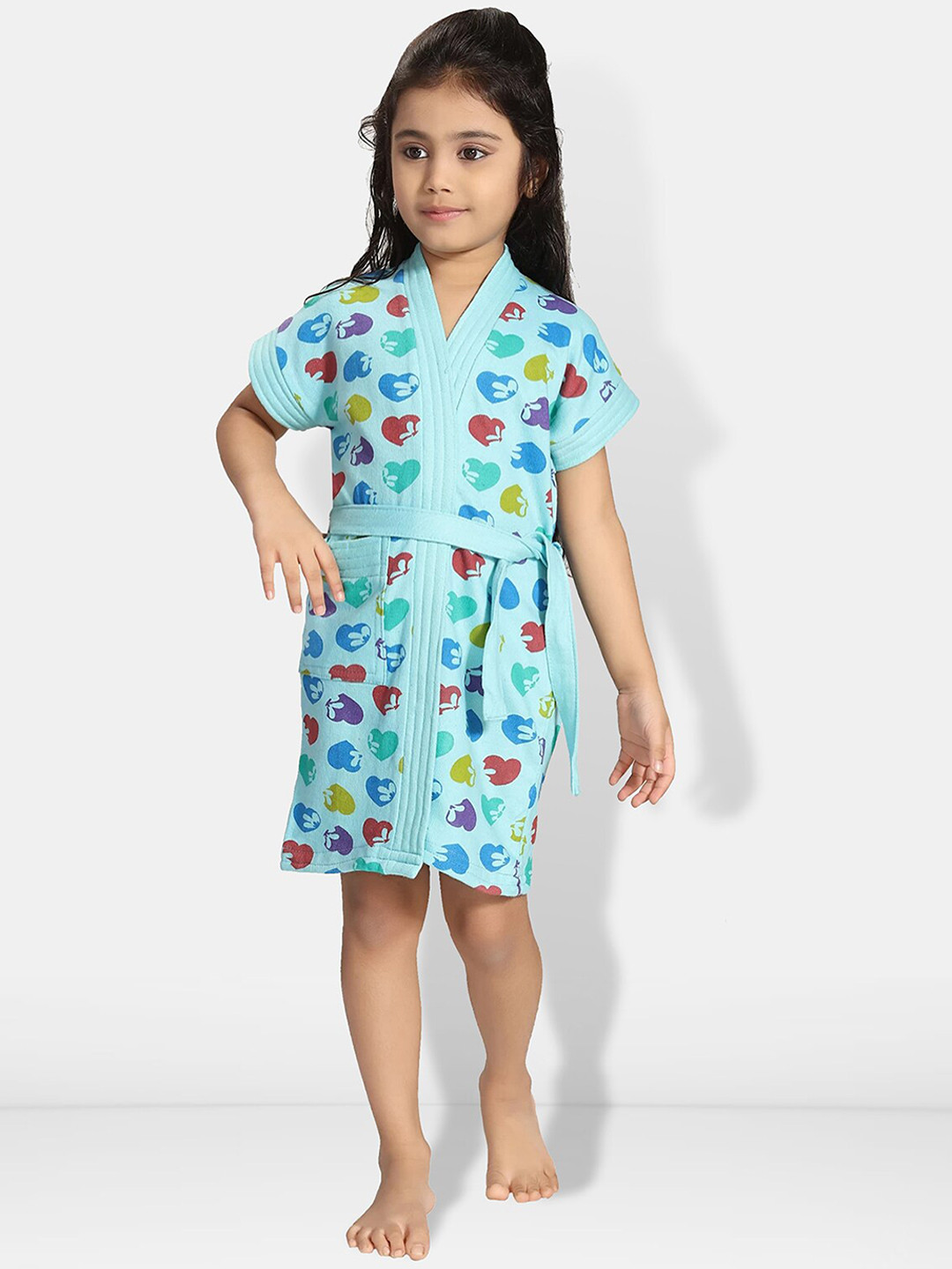 Be You Hearts Blue Conversational Cotton Drawstring Knee Length Bath Robe