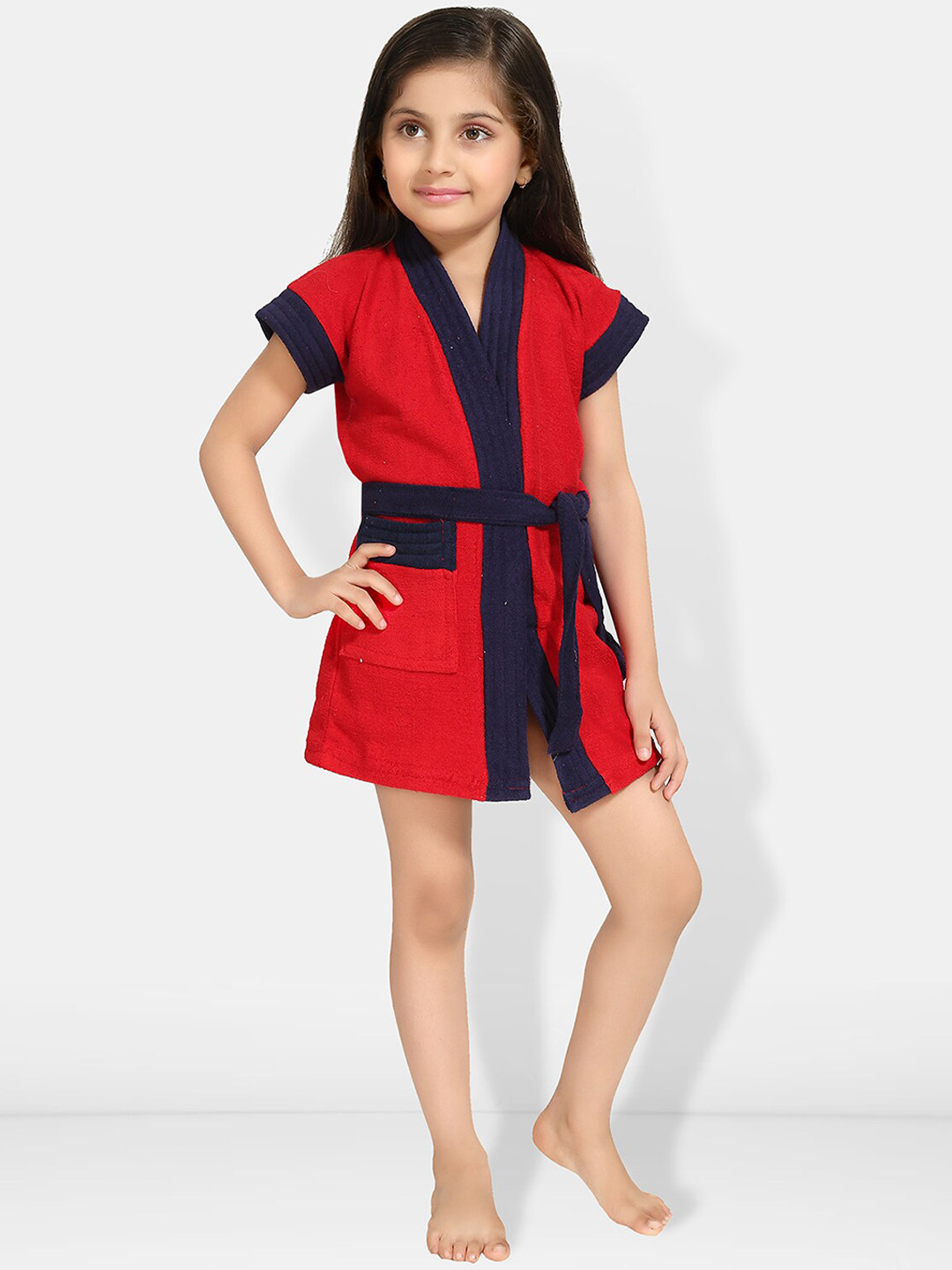 Be You Two Tone Red Solid Cotton Drawstring Knee Length Bath Robe
