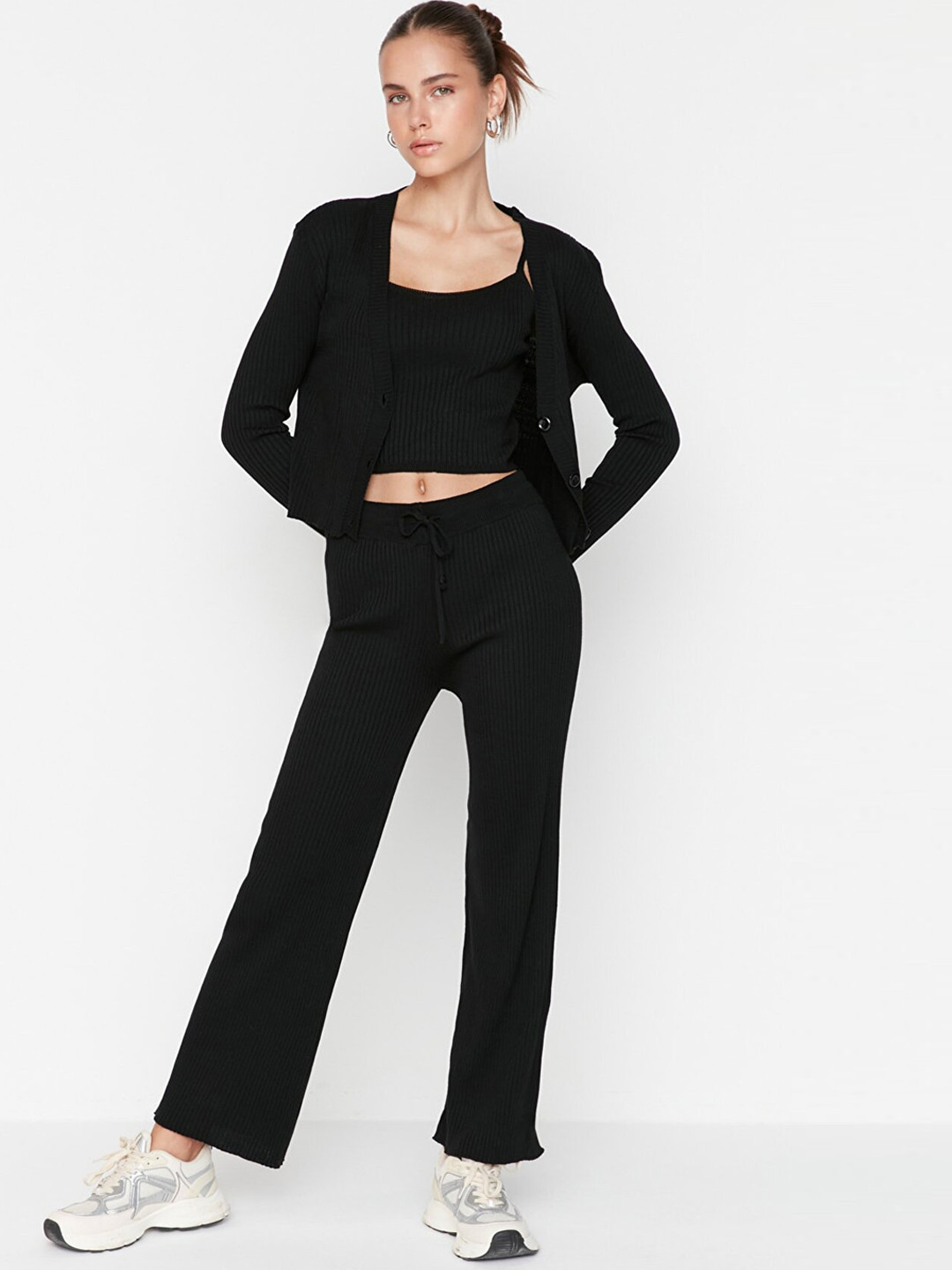 Trendyol Striped Acrylic Top, Coat & Slip-On Trousers