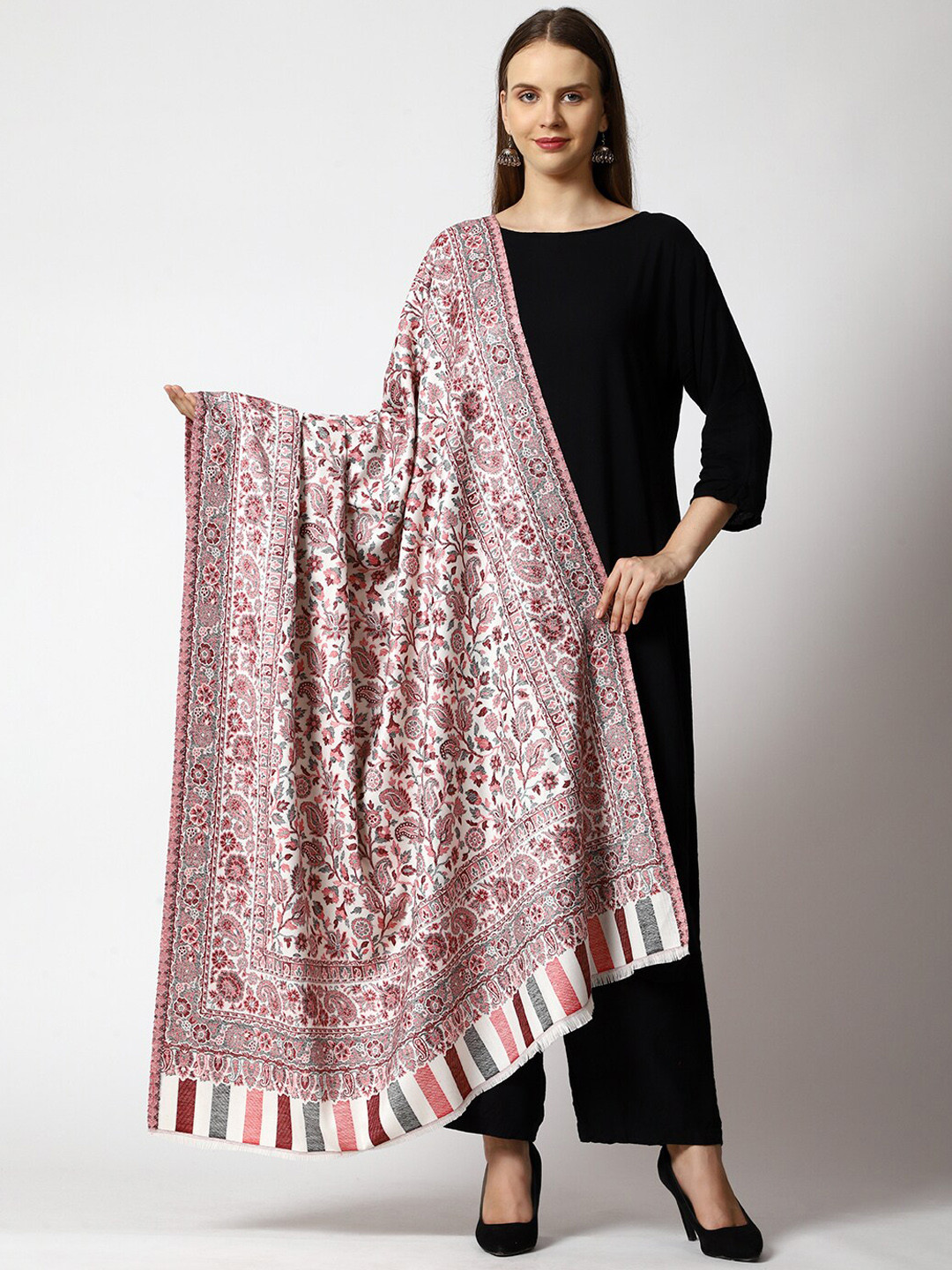 SWI Stylish Women Floral Woven Design Kani Wool Shawl With Fringed Border