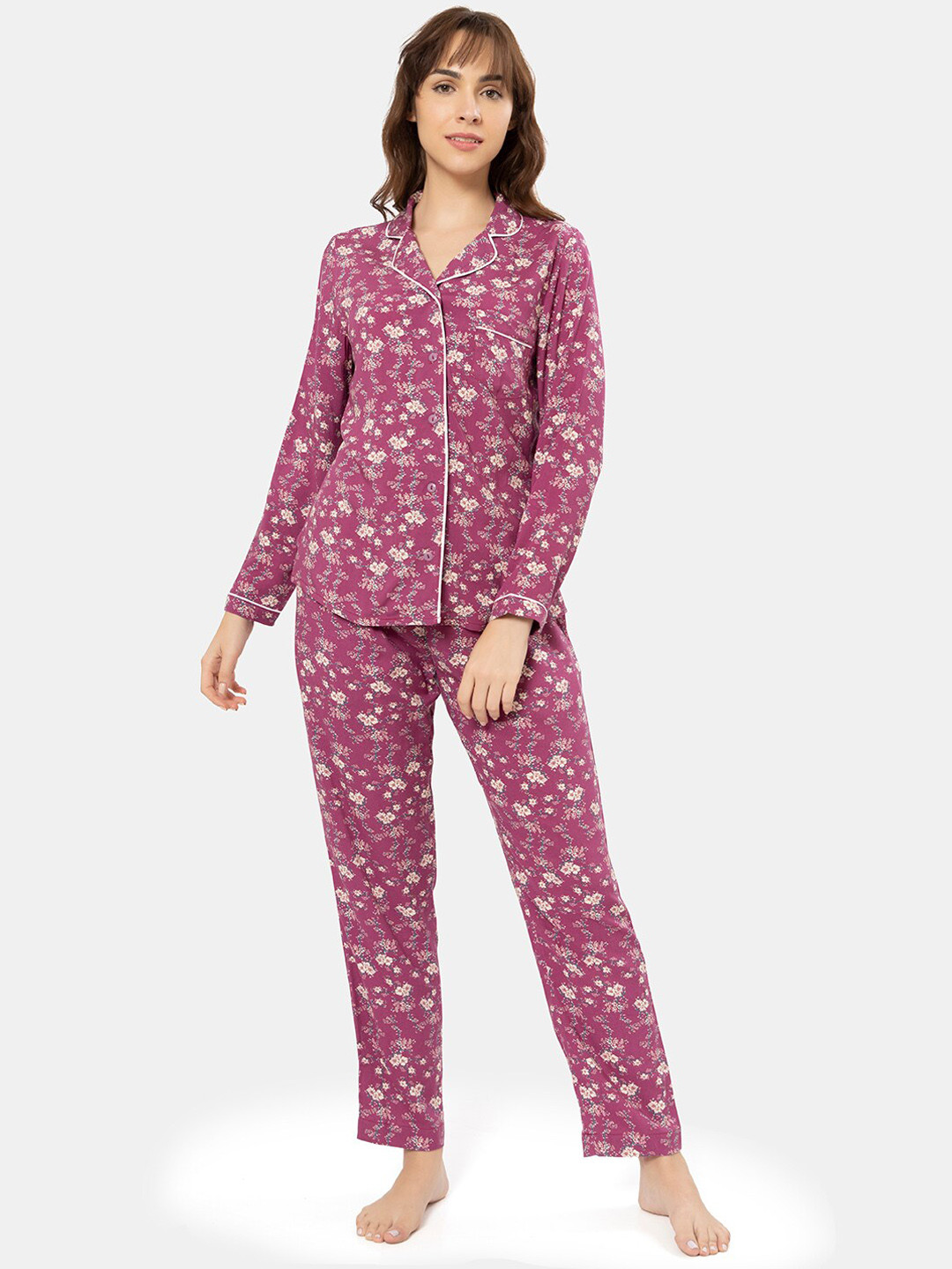 Amante Printed Full Sleeves Collar Mid Rise Full Length Sleep Set